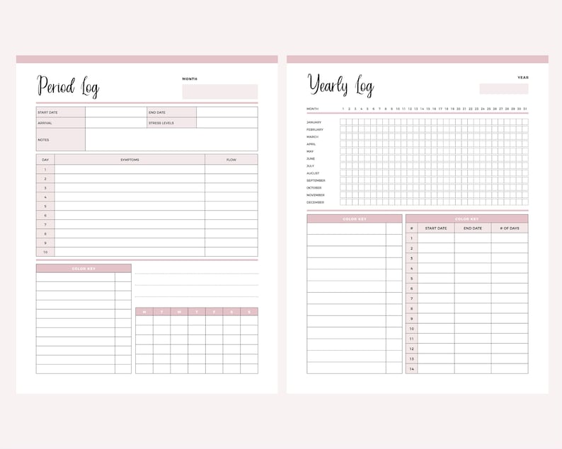 Pink Period Log symptom page and Yearly Log page from the printable period tracker. The log page has start date, end date, arrival, stress levels, notes and a day 1 to 10 table with symptoms and flow columns. The yearly page lists January to December with day boxes 1 to 31 and a table of start dates, end dates and number of days.