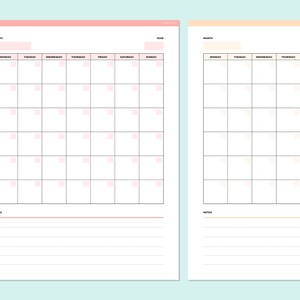 Two calendar templates side by side in pink and cream colors, each displaying the weekly grid layout with Monday through Sunday columns, month and year fields, and notes areas.