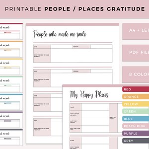 Druckbare Dankbarkeit Journal Inserts, Menschen, die mich zum Lächeln gebracht haben, Orte, die mich glücklich machen, Positivity Planner, positiv, A4 und Letter