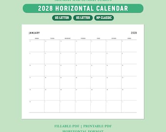 2028 Druckbarer Kalender, 2028 Monatskalender, Horizontaler Querformat Kalender, 2028 Jahresplaner, A4/Letter/Happy Planner, ausfüllbares PDF