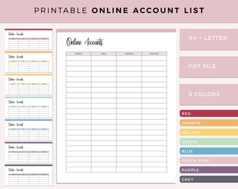 Printable online account list, password log, password keeper, password tracker, A4 and Letter size, website account keeper