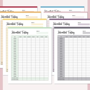 May include: A set of six printable intermittent fasting trackers in different colors. Each tracker has a weekly calendar with columns for each day of the week and rows for each hour of the day. The trackers are designed to help people track their eating and fasting windows.