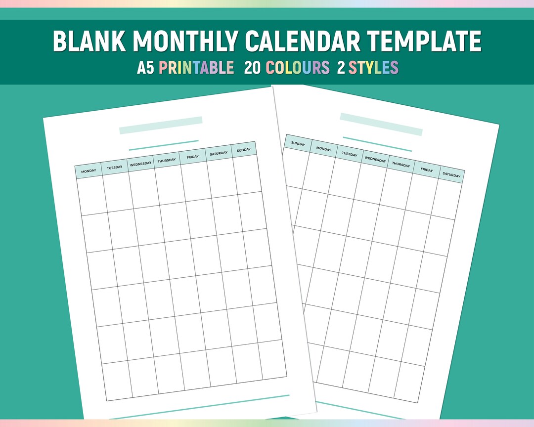 A5 Blank Monthly Calendar Template, Printable Month View Calendar ...