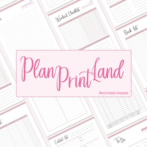 Puede incluir: Una colecci&oacute;n de p&aacute;ginas de planificador imprimibles con t&iacute;tulos como "Notas", "Lista de verificaci&oacute;n de entrenamiento", "Lista de libros", "Lista de contactos" y "Por hacer". Las p&aacute;ginas son blancas con acentos rosados y texto negro. El texto "Plan Print Land" est&aacute; en una fuente cursiva rosa.