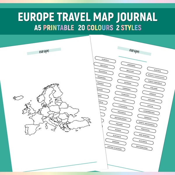 A5 Europe Travel Map Journal, Printable Europe Country Trip Tracker, Printable Traveling in Europe Journal, European Journey Log PDF