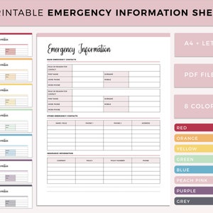 Printable Emergency Contact Information Form, Emergency Information Sheet, Insurance Information Template, In case of emergency, A4 / Letter