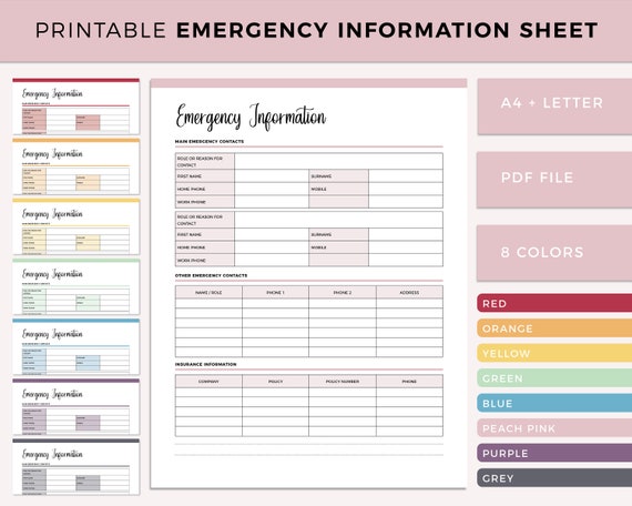 Printable Emergency Contact Information Form Emergency - Etsy