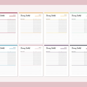 May include: Eight colorful morning checklist templates with the text "Morning Checklist" at the top. Each checklist has a different colored border, including red, orange, yellow, green, blue, pink, purple, and black. The checklists have lines for tasks and boxes for checking off completed items.