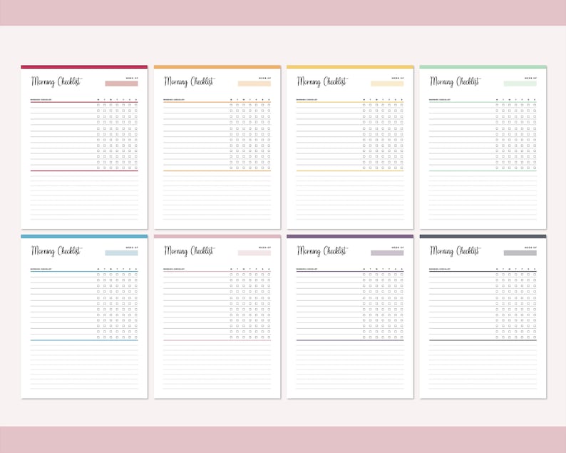 May include: Eight colorful morning checklist templates with the text "Morning Checklist" at the top. Each checklist has a different colored border, including red, orange, yellow, green, blue, pink, purple, and black. The checklists have lines for tasks and boxes for checking off completed items.