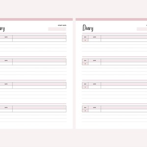 Two pink Diary pages from the printable period tracker, covering days 1 to 4 and days 5 to 8, each day with a day number, date field and dotted lines for recording symptoms, mood and notes.
