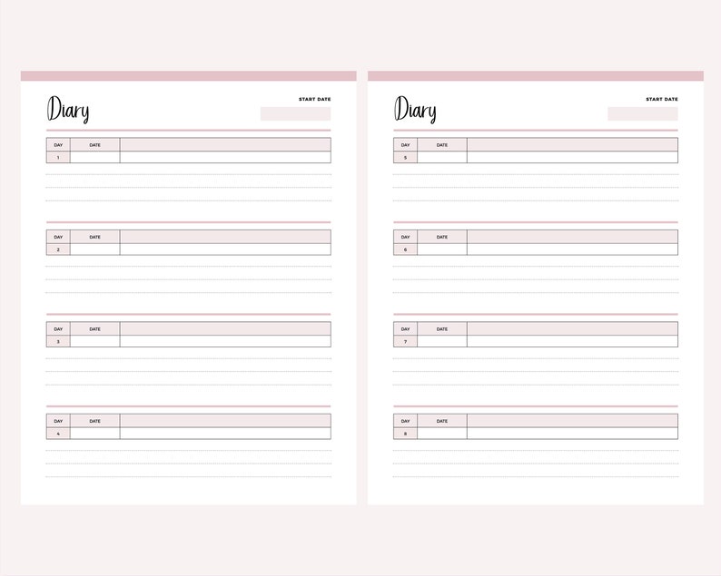 Two pink Diary pages from the printable period tracker, covering days 1 to 4 and days 5 to 8, each day with a day number, date field and dotted lines for recording symptoms, mood and notes.