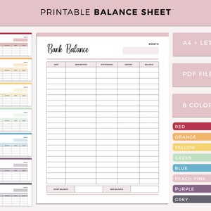 Printable Bank Balance Sheet, Savings Tracker, Banking Record, Finance Log, Financial Planner insert, Money Saving Sheet, A4 and Letter size