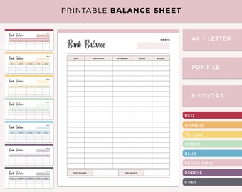 Printable Bank Balance Sheet, Savings Tracker, Banking Record, Finance Log, Financial Planner insert, Money Saving Sheet, A4 and Letter size
