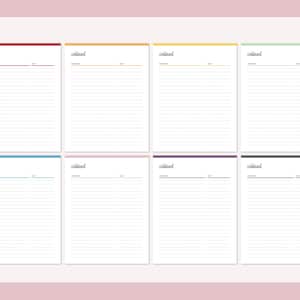 K&ouml;nnte beinhalten: Acht leere, linierte Seiten mit einem farbigen Streifen oben und dem Wort "continued" in Kursivschrift. Die Farben der Streifen sind Burgunderrot, Gelb, Gr&uuml;n, Hellblau, Rosa, Lila und Grau.