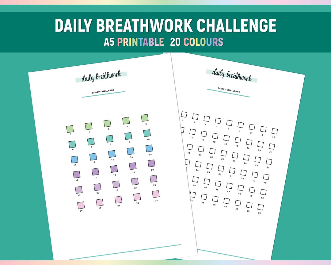 30 Day Daily Breathwork Challenge Tracker, 60 Day Breathing Routine Log, A5 Printable Breath ...