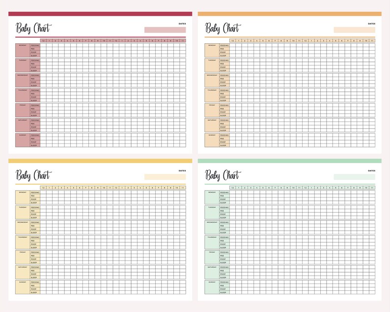 May include: Four printable baby charts with different colored borders. Each chart has a section for recording the date, time, and type of feeding, sleep, diaper changes, and other activities.