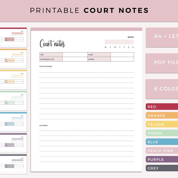 Printable Court Notes, Court Battle Record Notes, Keep track of court Appearances, For custody and legal battles that require court