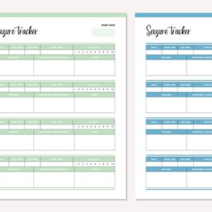 May include: Two printable seizure tracker logs. The left log is on a light green background and the right log is on a light blue background. Both logs have columns for date, start time, end time, total time, triggers, treatment/effectiveness, and severity.