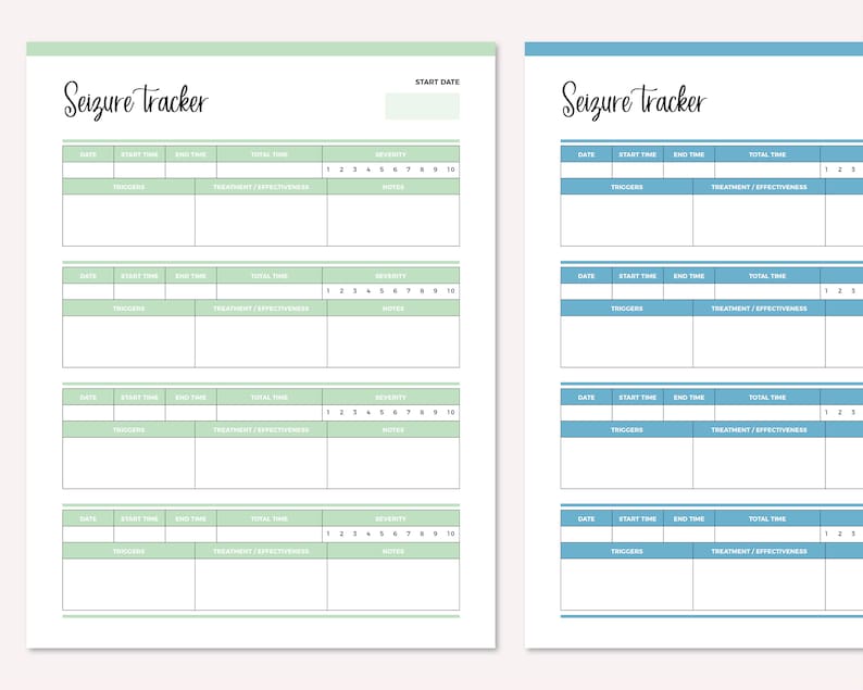 May include: Two printable seizure tracker logs. The left log is on a light green background and the right log is on a light blue background. Both logs have columns for date, start time, end time, total time, triggers, treatment/effectiveness, and severity.