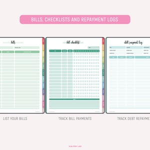Three financial tracking pages showing bills tracker in green with month and total bill cost fields, bill checklist with checkboxes for tracking payment status throughout the year, and debt payment log in teal with creditor and payment information.