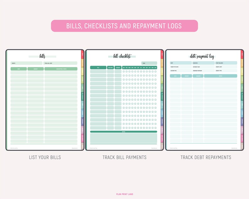 Three financial tracking pages showing bills tracker in green with month and total bill cost fields, bill checklist with checkboxes for tracking payment status throughout the year, and debt payment log in teal with creditor and payment information.