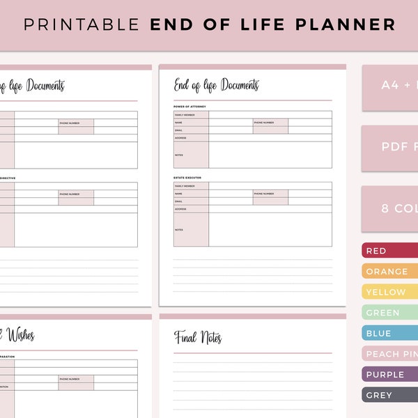 Printable end of life planner, Emergency Binder, documents, Estate Planning, Will Information,  If I Die Planner, Final wishes, A4 Letter