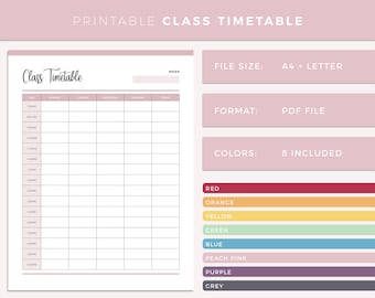 Puede incluir: Horario de clases imprimible con borde rosa. El título "Class Timetable" está en una fuente manuscrita. El horario incluye columnas para los días de la semana y filas para los horarios. Detalles adicionales incluyen tamaño de archivo, formato y opciones de color.