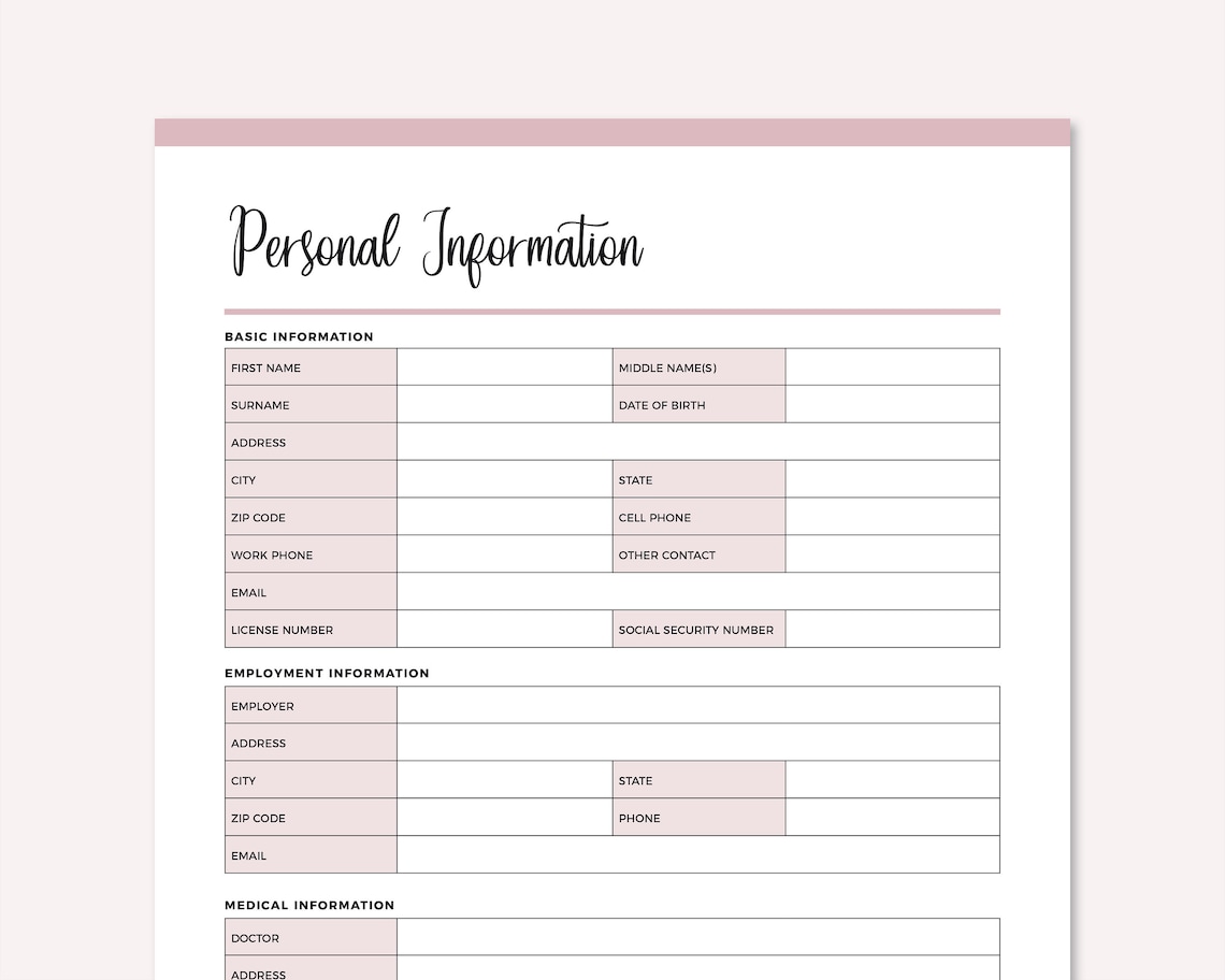 Printable Personal Information Page Planner Template Binder Etsy France