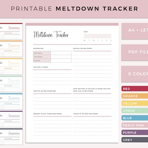 May include: Printable meltdown tracker with 8 colour options. The tracker includes sections for date, time started, time finished, duration, triggers, how the meltdown ended, sensory levels during meltdown, things to try next meltdown, and notes on anything in the past 24 hours that may have led to the meltdown.