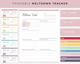 Può includere: Tracker di meltdown stampabile con 8 opzioni di colore. Il tracker include sezioni per la data, l'ora di inizio, l'ora di fine, la durata, i trigger, come è terminato il meltdown, i livelli sensoriali durante il meltdown, le cose da provare al prossimo meltdown e note su qualsiasi cosa nelle ultime 24 ore che potrebbe aver portato al meltdown.