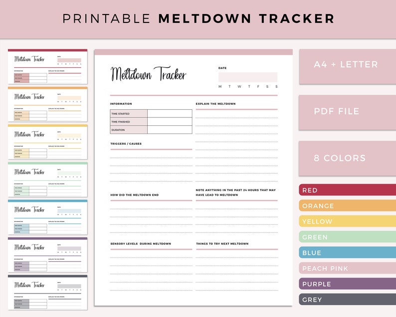 Printable Meltdown Tracker template showing full-page layout with sections for Information, Explain the Meltdown, Triggers/Causes, How Did the Meltdown End, and Sensory Levels, displayed in 8 colors including red, orange, yellow, green, blue, pink, purple, and grey.
