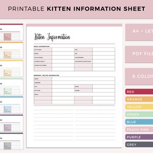 Afdrukbaar kitteninformatieblad, nieuwe kat belangrijke informatiepagina, huisdierverzorgingsdagboek, kattenplanner, katteneigenaarblad, A4 en US letter