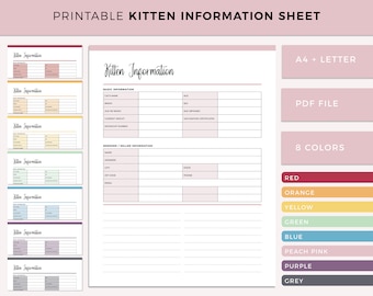 Printable kitten information sheet, new cat important information page, pet care journal, cat planner, cat owner sheet, A4 and US letter