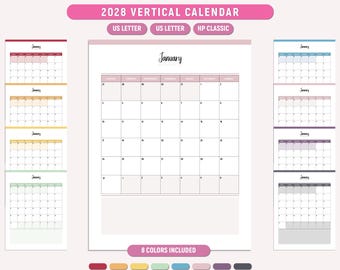 Druckbarer Kalender-Hochformat, vertikaler Wandkalender, Jahreskalender 2028, das Jahr auf einen Blick, A4/Letter/Happy Planner, druckbare PDF-Datei