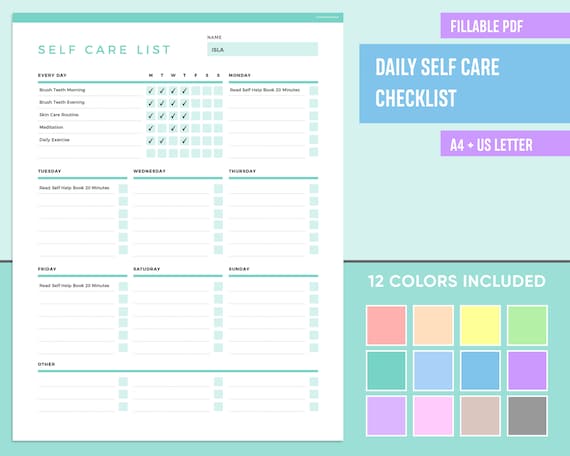 Editable Self Care Checklist Printable, Self Care Planner, Self Care Journal, Wellness Planner, Wellness Tracker, Mindfulness Checklist