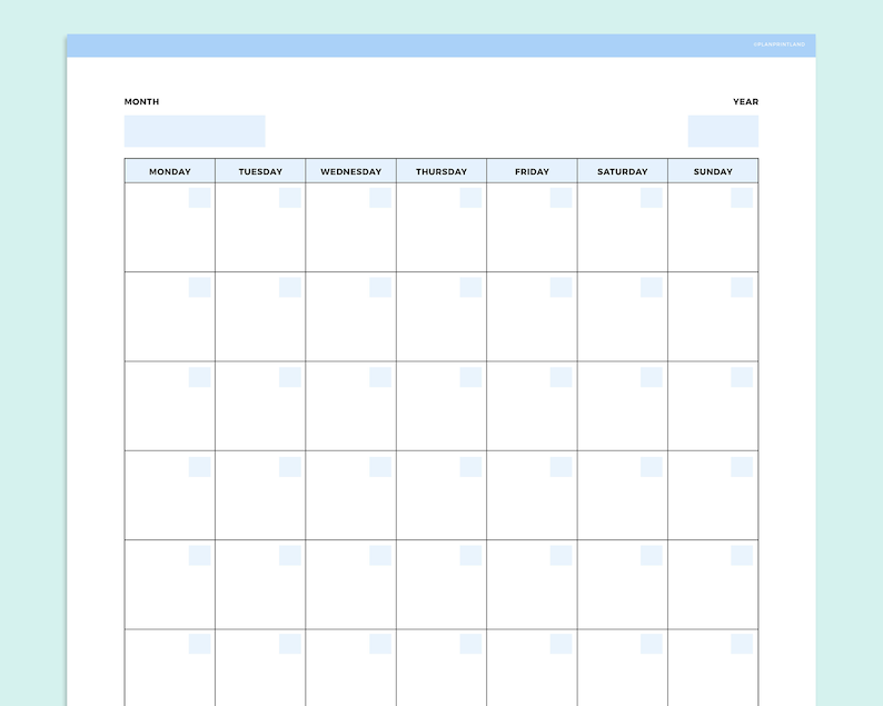 Full-page blue and white blank monthly calendar template with large weekly grid cells, Monday through Sunday columns, editable month and year fields at the top.