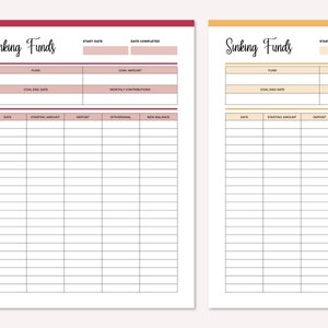 May include: A printable sinking fund tracker with two pages. The first page is pink and the second page is yellow. Each page has a table with columns for date, starting amount, deposit, withdrawal, and new balance. The table is used to track savings for specific goals.