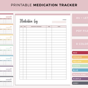 Printable Medication Tracker, Medication log, med tracker, Medicine List, Medication Tracking, Supplement Tracking sheet, A4 and Letter size
