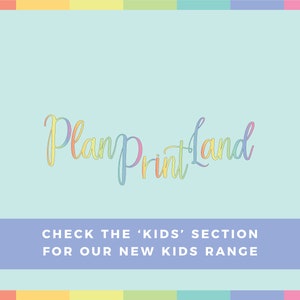 Light blue background with multicolored outlined 'Plan Print Land' text and purple banner below stating 'Check the Kids Section for Our New Kids Range.'