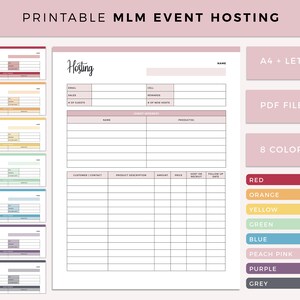 Puede incluir: Planificador de eventos de alojamiento MLM imprimible con un fondo rosa y un diseño de cuadrícula. El planificador incluye secciones para el contacto del cliente, la descripción del producto, la cantidad, el precio, el anfitrión o el reclutamiento, la fecha de seguimiento y el interés del cliente. El planificador está disponible en 8 colores: rojo, naranja, amarillo, verde, azul, rosa melocotón, morado y gris.