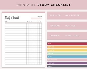 May include: Printable study checklist template with a grid for tasks and days of the week. The checklist is available in A4 and Letter sizes and comes in 8 colors: red, orange, yellow, green, blue, peach pink, purple, and grey.