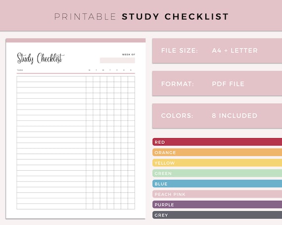 Printable Study Checklist Print at Home Daily Study Chart - Etsy