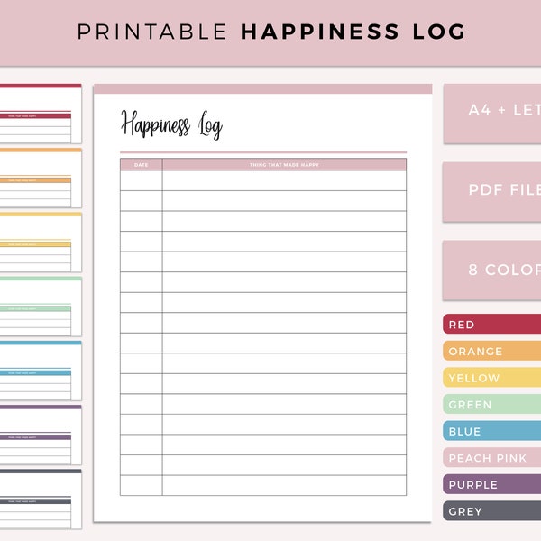 Printable Happiness Log, Mental Health Tracker, Happy Journal, gratitude Journal, Positivity planner, positive mindset, A4 and Us letter