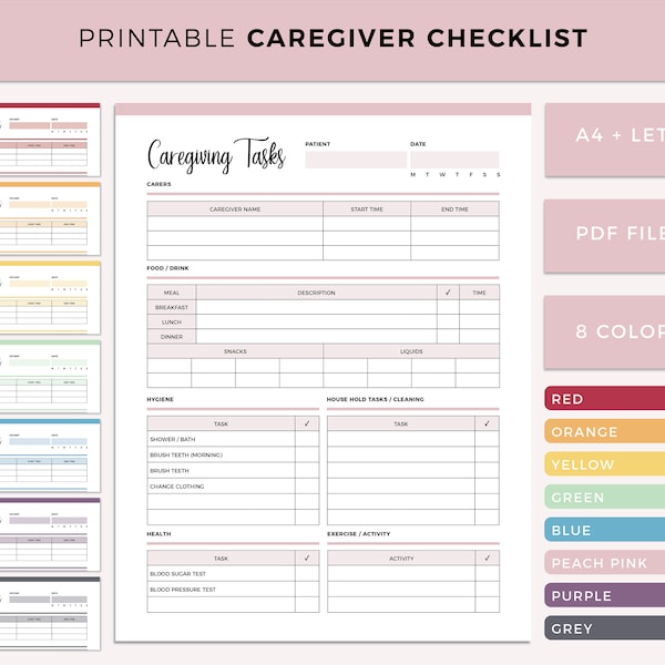 Caregiver Checklist Printable, Caregiver Daily Log, Caregiving Checklist, Caregiver Log Sheet, Caregiver Daily Plan, Daily Tasks, A4, Letter