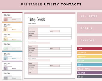 Printable Utility Contacts Tracker, Utility Service Address Book, Household Organizer, Home Binder, Family Planner, A4 and US Letter size