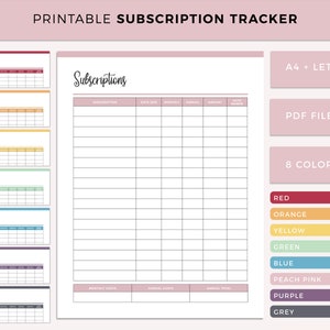 Printable Subscription Tracker, Membership Tracking, Monthly Subscription Checklist, Expense Planner, Account Tracker, A4 and US Letter