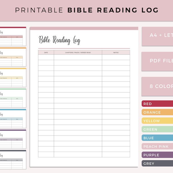 Bible Reading Log Printable, Bible Reading Tracker, Bible Journal, Christian Templates, Bible Chart, Bible Study Template, A4 and Letter