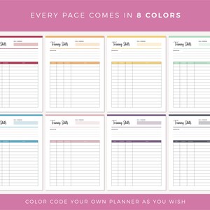 Puede incluir: Ocho p&aacute;ginas de planificador imprimibles con el texto "Habilidades de entrenamiento" en la parte superior. Cada p&aacute;gina es de un color diferente: rojo, naranja, amarillo, verde, azul, rosa, morado y gris.