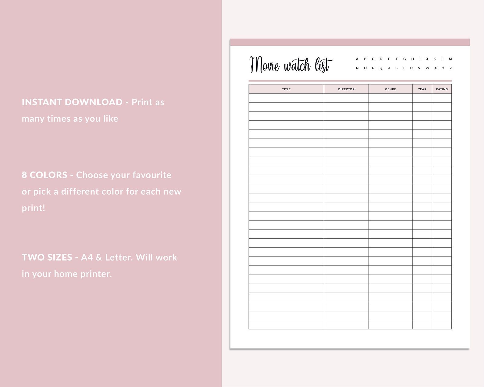 Film Watchlist Movie Watch Checklist Printable Movie - Etsy