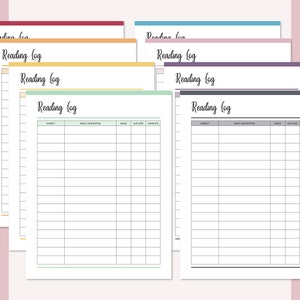 May include: A set of six printable reading logs in different colors: burgundy, orange, yellow, green, pink, and gray. Each log has a title that says "Reading Log" and includes columns for subject, book description, pages, due date, and complete.